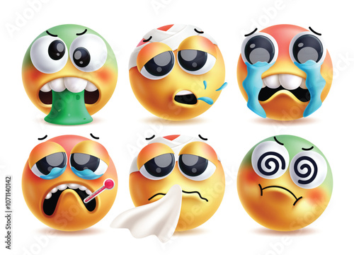 Sick emoji clipart vector characters set. Illness emojis like vomiting, cough, sob, fever, sneezing and dizziness facial expression 3d characters in white background. Vector illustration sick emojis 