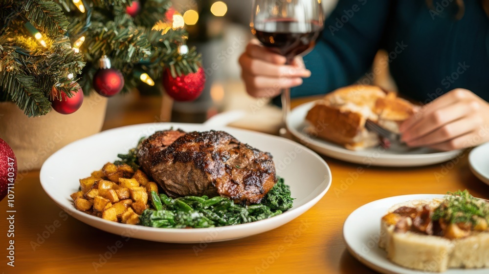 Group of friends enjoying a meal by a decorated tree, cozy holiday setting, warm sense of togetherness Group of friends enjoying a meal by a decorated tree, cozy holiday setting, warm sense of togetherness