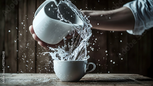 Symbolic Water Pouring: a man pouring water into a cup with no bottom, symbolizing the futility of repetitive tasks from an absurdist perspective.Generated by AI  photo