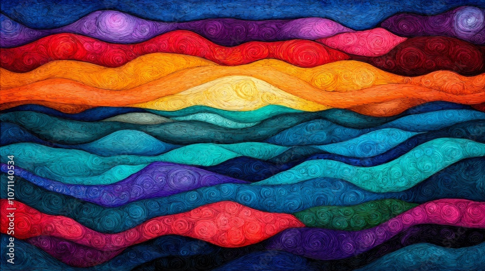 Abstract painting of a colorful sunset with swirling patterns and textured layers. Abstract painting of a colorful sunset with swirling patterns and textured layers.