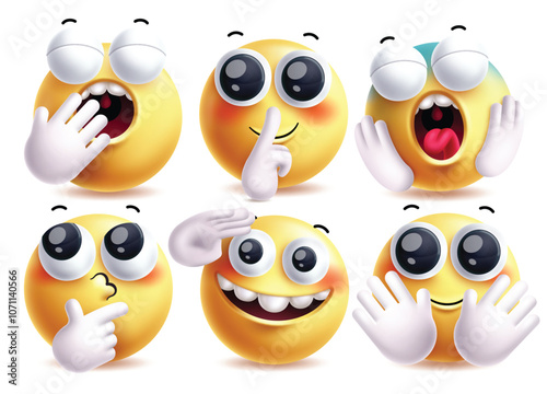 Emoji hands vector characters set. Emojis hand gesture, thinking, salute and waving pose for 3d graphic yellow clip art character. Vector illustration emojis collection set.
