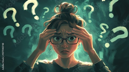 An artwork of people holding their heads in frustration, with question marks floating above them. The person is shown with an illustration of a problem in human life