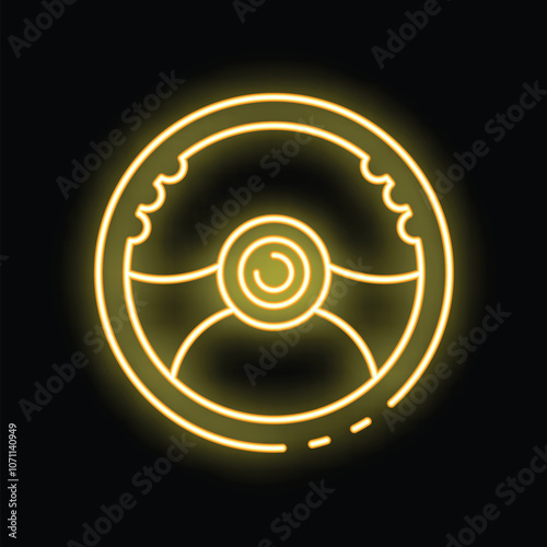 Yellow neon sign of a steering wheel glowing on a black background