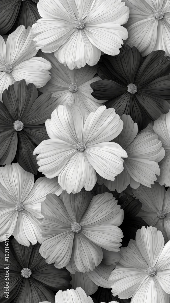 Close-up of a cluster of delicate black and white flowers with soft petals. Close-up of a cluster of delicate black and white flowers with soft petals.