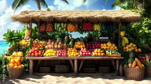 Tropical Fruit Stand: A refreshing fruit stand at the beach, offering an array of tropical flavors in a vibrant setting.Generated by AI 