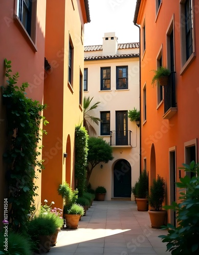 A Mediterranean-style scene is created through the narrow alleyway that connects colorful buildings with palm trees and other plants in the foreground