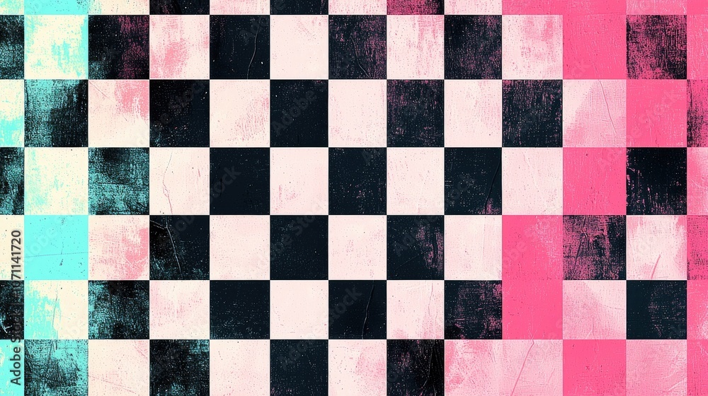 Abstract checkered pattern with pink, blue, and black grunge texture. Abstract checkered pattern with pink, blue, and black grunge texture.