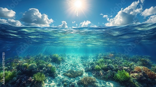 Underwater ocean scene featuring sunlight streaming through to a vibrant marine world