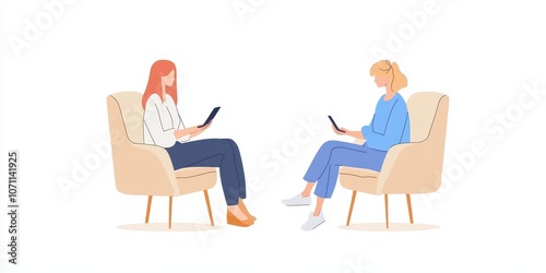 Two women engaging in a discussion while sitting in modern chairs, utilizing technology, and sharing ideas.