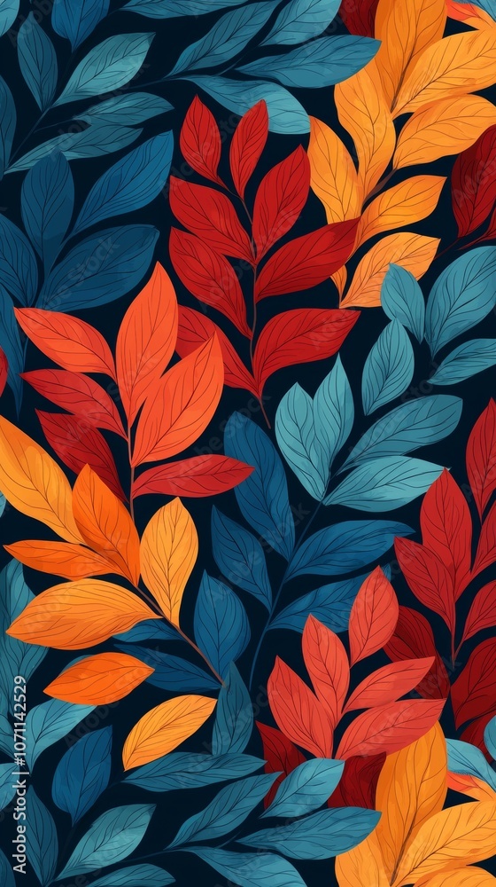 Seamless pattern of blue, orange, and red leaves on a dark background. Seamless pattern of blue, orange, and red leaves on a dark background.