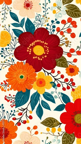Wallpaper Mural Seamless pattern of colorful flowers, leaves and berries on a white background. Torontodigital.ca