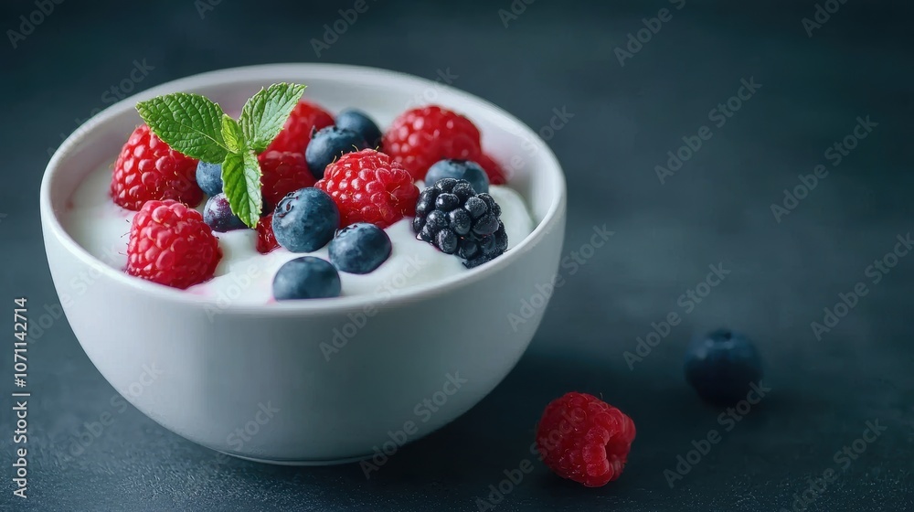 Fresh yogurt bowl topped with mixed berries and mint Fresh yogurt bowl topped with mixed berries and mint