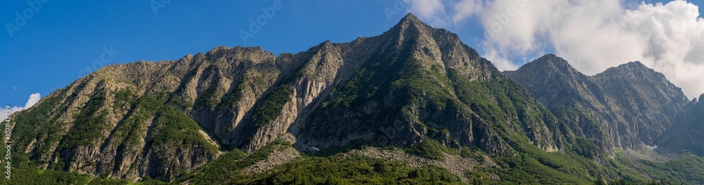 Panoramic shot of stunning mountain range with rugged peaks and lush greenery, blue sky with clouds, forest, alpine landscape. Tonale Pass, Italy. Summer vacation. Dolomite Alps. Ecology concept Panoramic shot of stunning mountain range with rugged peaks and lush greenery, blue sky with clouds, forest, alpine landscape. Tonale Pass, Italy. Summer vacation. Dolomite Alps. Ecology concept