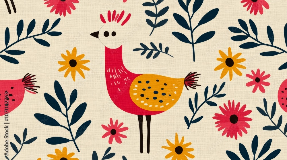 Seamless pattern with cute cartoon birds and floral elements in a bright colors. Seamless pattern with cute cartoon birds and floral elements in a bright colors.