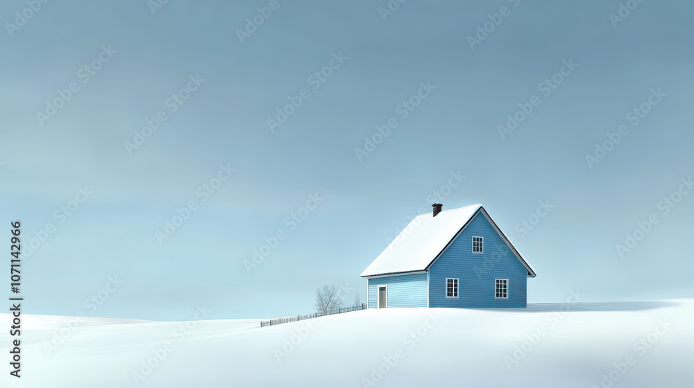 serene blue house stands alone in vast, snow covered landscape, evoking sense of tranquility and solitude. soft pastel sky enhances peaceful atmosphere serene blue house stands alone in vast, snow covered landscape, evoking sense of tranquility and solitude. soft pastel sky enhances peaceful atmosphere