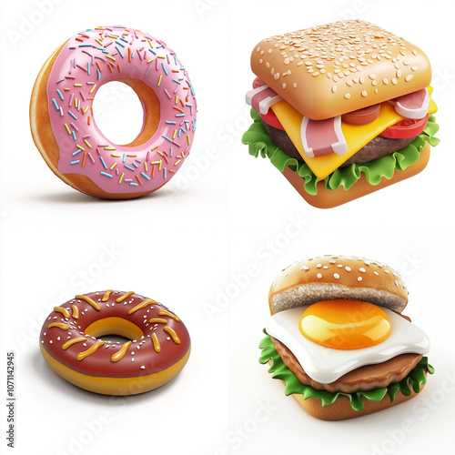 3d rendered set of food. doughnuts and burgers