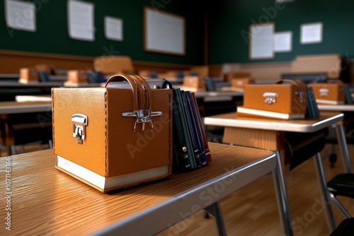 A 3D-rendered classroom with desks, books, and digital screens, capturing a modern educational setting