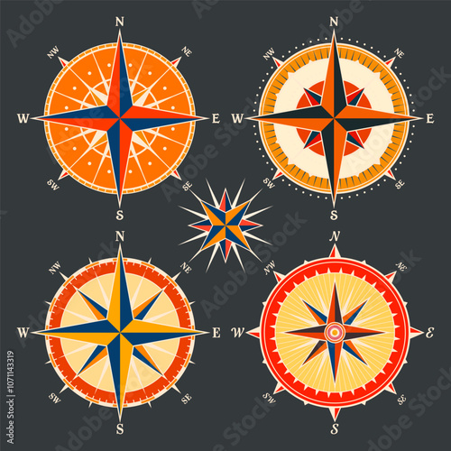 Vintage marine wind rose, nautical chart. Colorful navigational compass with cardinal directions of North, East, South, West. Geographical position, cartography and navigation. Vector illustration