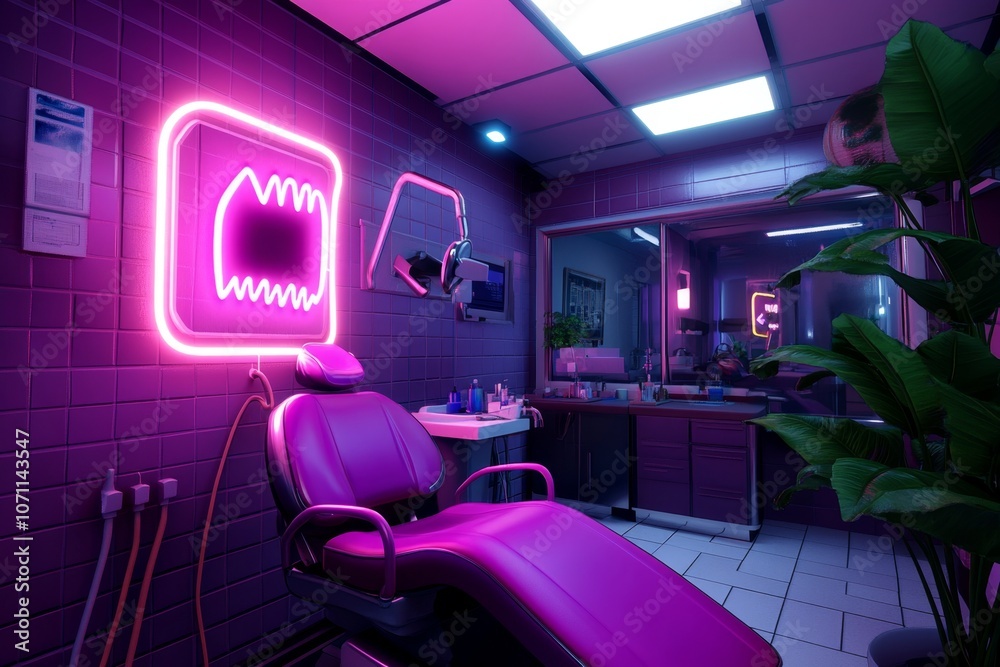 A cyberpunk-inspired dentist using neon-colored tools, set in a dark, futuristic dental clinic A cyberpunk-inspired dentist using neon-colored tools, set in a dark, futuristic dental clinic