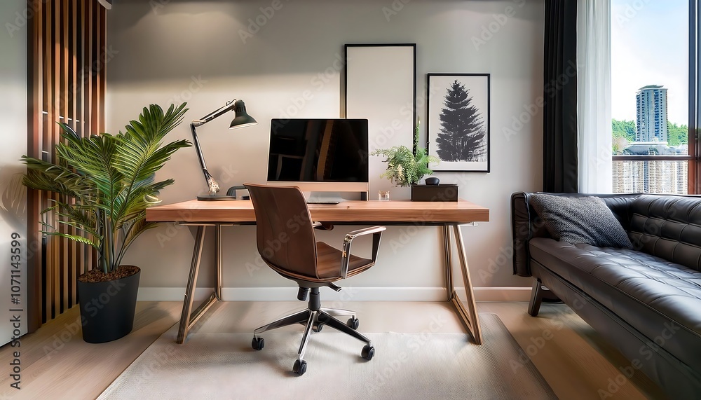Chic home office with a sleek desk and ergonomic chair Chic home office with a sleek desk and ergonomic chair
