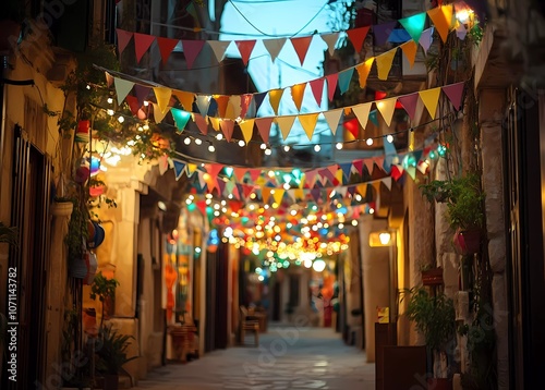 Becret medieval street decorated with colorful flags and garlands of light bulbs at night, photo shot from the ground level,