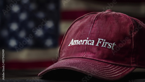 Rote Kappe mit „America First“-Schriftzug vor US-Flagge.