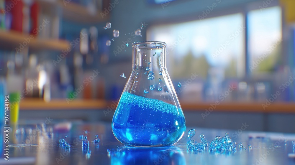 Blue Liquid in Laboratory Flask with Bubbles