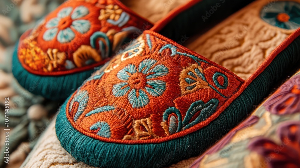 Home slippers with embroidered details, close-up on fabric texture Home slippers with embroidered details, close-up on fabric texture