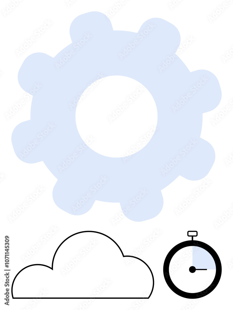 Large light blue gear at the top, black outlined cloud at bottom left, and black stopwatch at bottom right. Ideal for technology, computing, internet, cloud storage, time management, productivity Large light blue gear at the top, black outlined cloud at bottom left, and black stopwatch at bottom right. Ideal for technology, computing, internet, cloud storage, time management, productivity