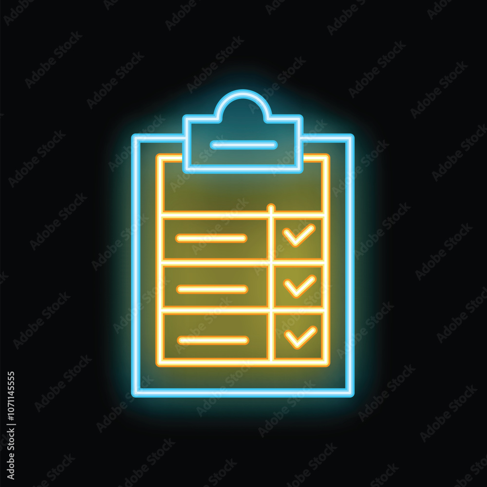 Glowing neon clipboard with checklist and check marks symbolizing completed tasks or finished work