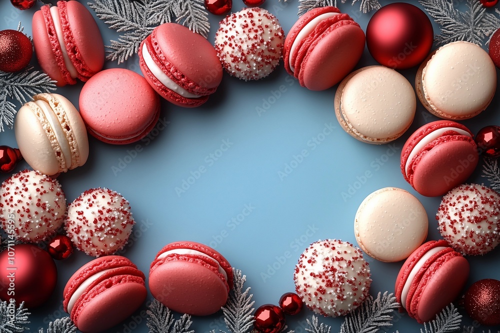 Macarons and Christmas cookies in coral and tan colors on a light blue background surrounded by pine tree leaves and red Christmas ornaments Macarons and Christmas cookies in coral and tan colors on a light blue background surrounded by pine tree leaves and red Christmas ornaments