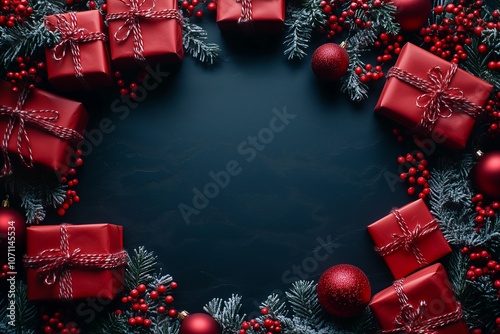 Red Christmas Gifts with Pine and Berries on Dark Background