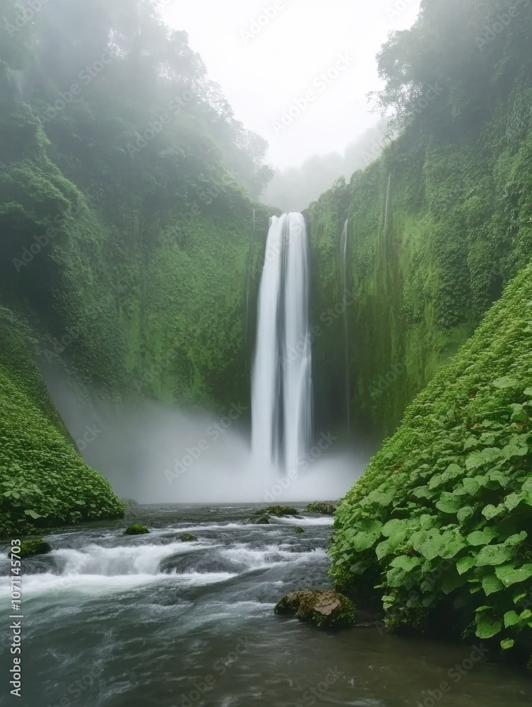 Fototapeta premium Serene Waterfall Surrounded by Lush Greenery