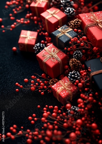 Red and Black Gift Boxes with Festive Pinecones and Berries