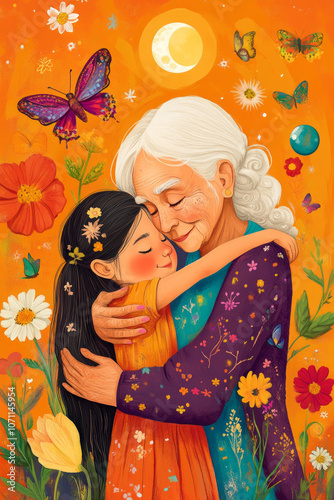 Cottage core illustration old woman grandmother abuela with gray hair embracing a young girl granddaughter with love caring terra cotta background with flowers inner child healing nurturing nature photo