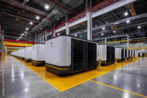 Battery storage system in a green energy facility, with rows of large white batteries in a clean layout