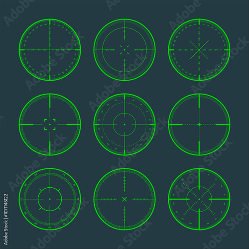 Various sniper rifle sights with degree scale, weapon optical scope crosshair. Hunting gun viewfinder. Shooting mark symbol, aim. Military target sign. Game interface UI element. Vector illustration