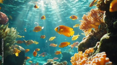 Fototapeta Naklejka Na Ścianę i Meble -  A vibrant coral reef with an abundance of colorful fish swimming through the clear blue water, illuminated by the sun's rays.