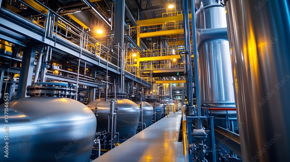 A large industrial building with many tanks and pipes. The tanks are silver and the pipes are yellow. The building is lit up, giving it a bright and industrial feel A large industrial building with many tanks and pipes. The tanks are silver and the pipes are yellow. The building is lit up, giving it a bright and industrial feel