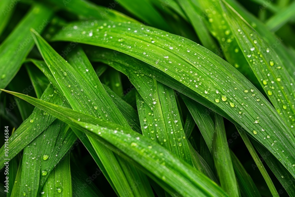 Close-up of wet grass after rain, with visible droplets on each blade and rich green colors Close-up of wet grass after rain, with visible droplets on each blade and rich green colors