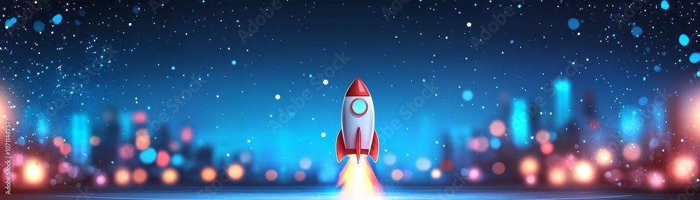 A majestic rocket launches into the sky, cityscape below, journey of space exploration and discovery A majestic rocket launches into the sky, cityscape below, journey of space exploration and discovery