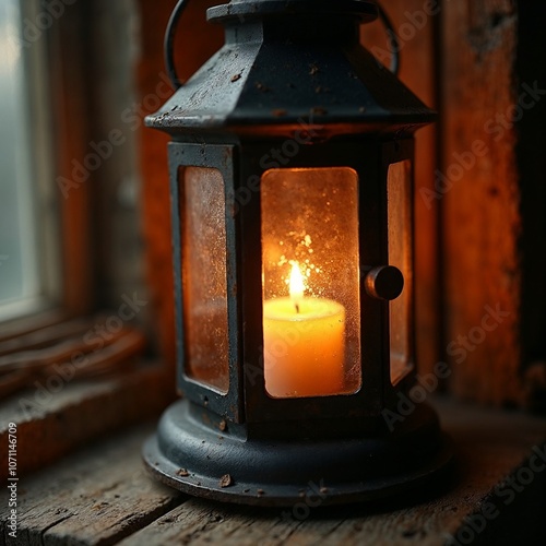 Cozy lantern with a glowing candle illuminating a rustic wooden surface by the window