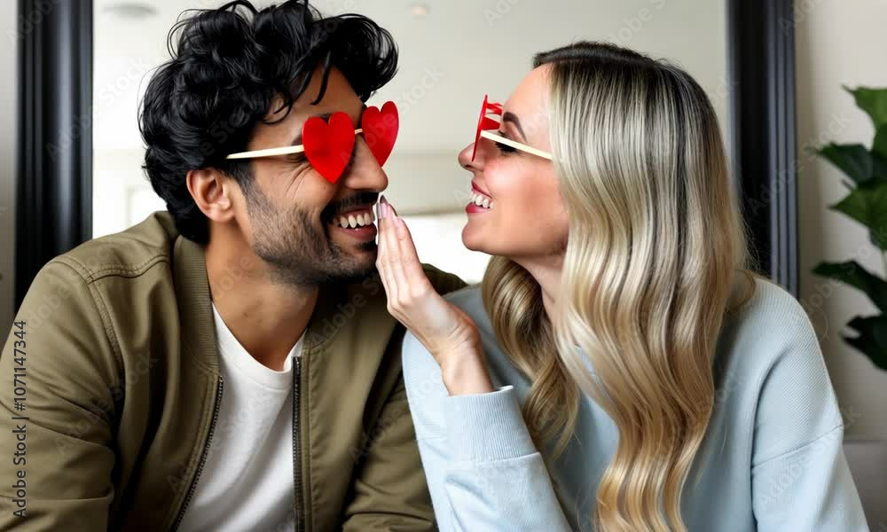 Attractive young couple with hearts on the eyes. Lovers blinded by their big love. St. Valentines Day celebration concept