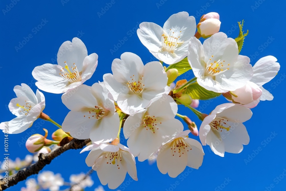 Detailed view of cherry blossom branches in full bloom, against a clear blue sky Detailed view of cherry blossom branches in full bloom, against a clear blue sky