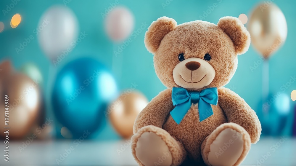 Adorable brown teddy bear sits on a wooden table with colorful balloons floating in the background, creating festive atmosphere. Adorable brown teddy bear sits on a wooden table with colorful balloons floating in the background, creating festive atmosphere.