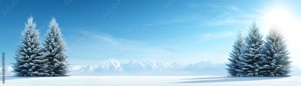 A breathtaking winter wonderland, snowcovered trees under bright blue sky brilliant A breathtaking winter wonderland, snowcovered trees under bright blue sky brilliant