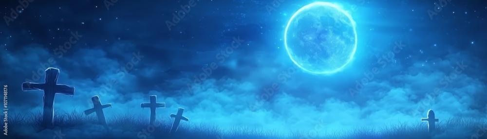 Obraz premium Ethereal moonlight cemetery scene with a glowing orb in the night sky