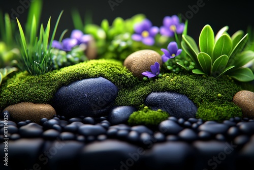 Hyper-realistic close-up of Earthâ€™s surface with mossy rocks, soil, and plants with intricate textures photo