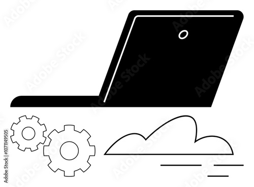 Open laptop with gears and cloud icon, illustrating technology integration and cloud computing. Ideal for tech concepts, digital transformation, data management, IT solutions, software development