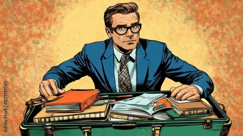 A man is bending down to pick up things in his open suitcase busy gesture, which is full of books and work report papers bright color art life art
